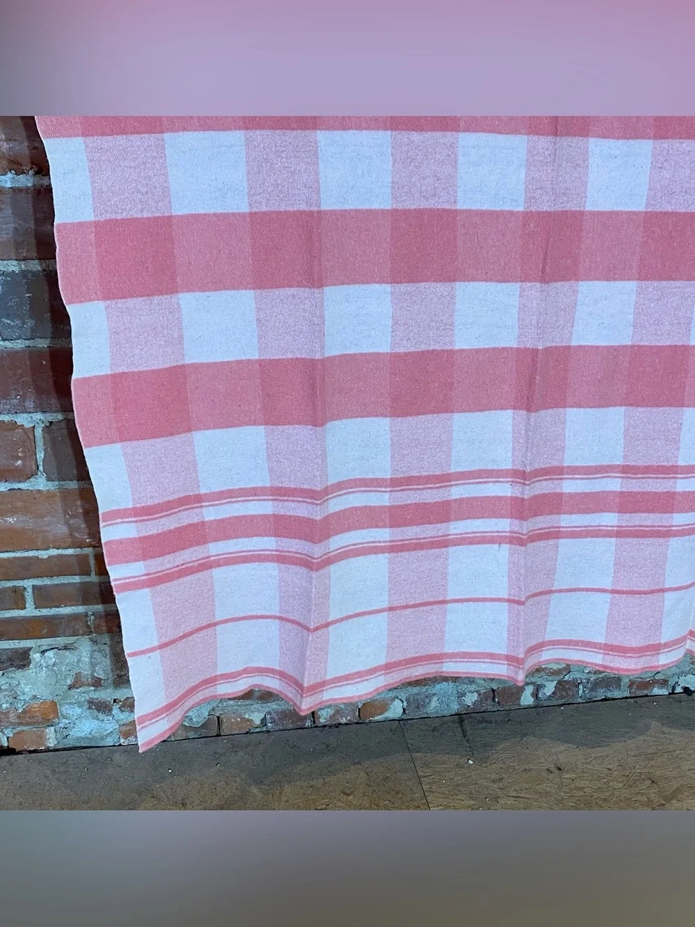 Vintage Pink White Plaid Wool Camp Blanket 61” x 79” Satin Edge